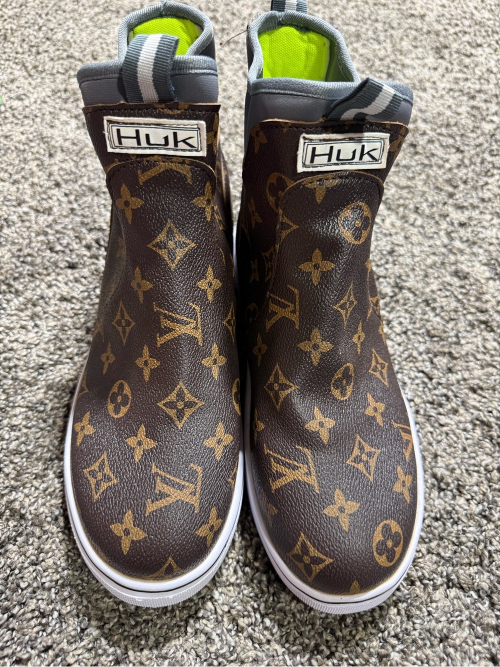 Huk LV Brown Monogram Rain Boots with Neon Green Lining